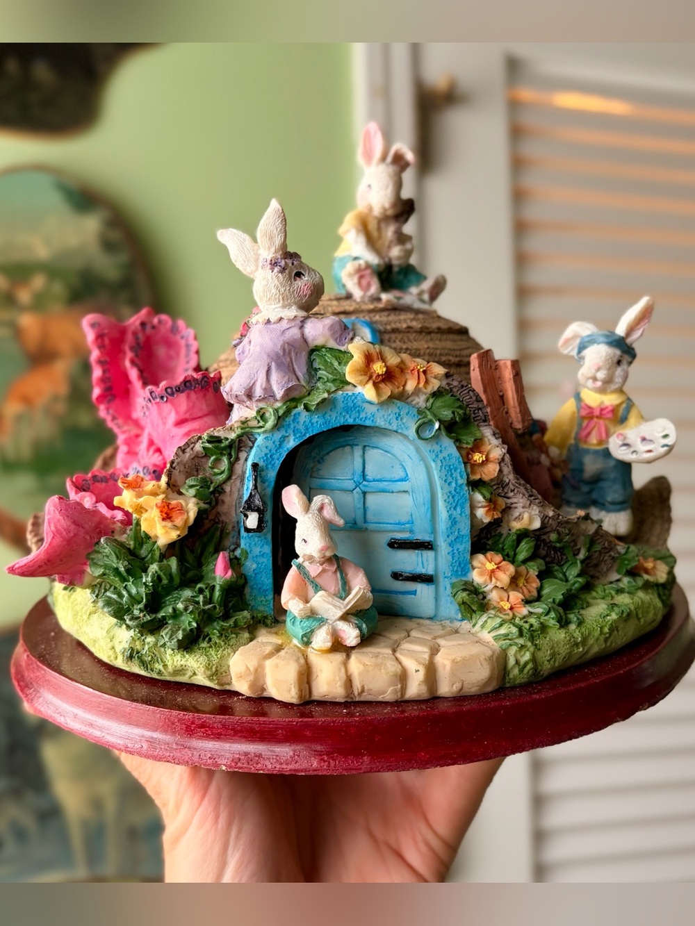 Vintage Bunny Cottage Sun Hat with Figurines and Whimsy Feel Decor Art